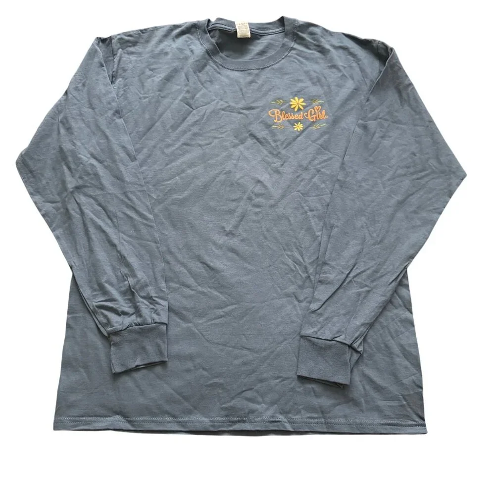 Fruit of the Loom‎ men shirt Blessed Girl Faith Long Sleeve Tee sz Large blue